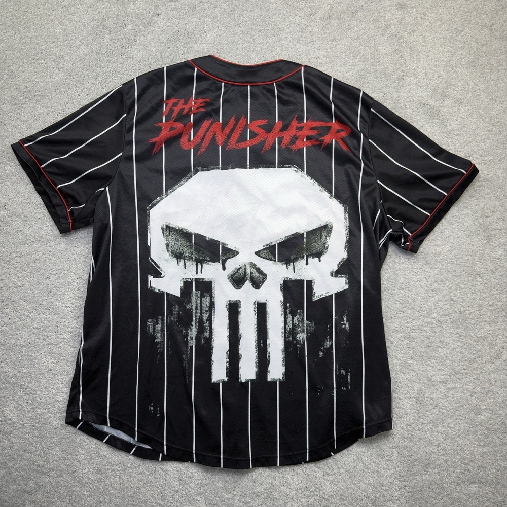 The Punisher Marvel Comics Baseball Jersey Mens XL Black Pinstripe Skull Shirt - Picture 2 of 10